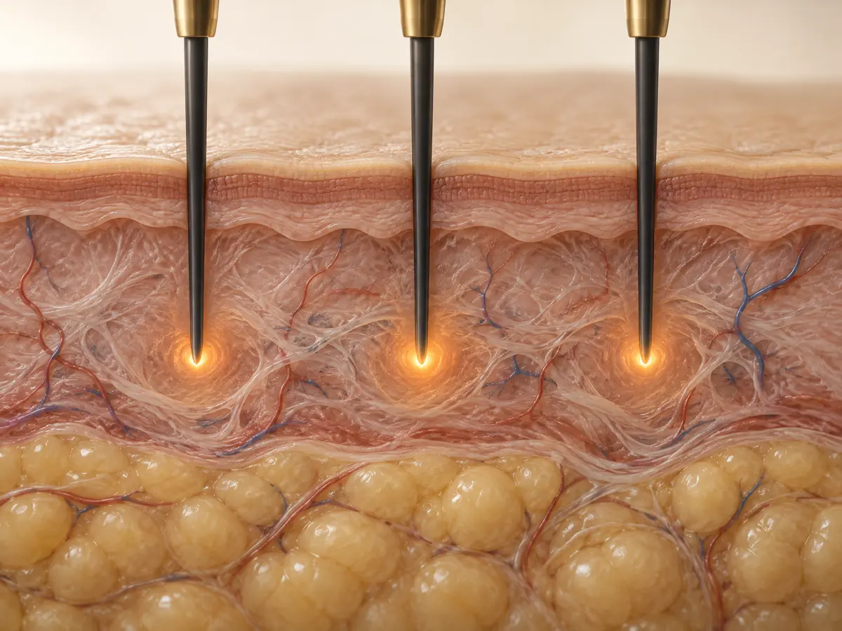 Energie alleen op de laatste 0,3 mm. De huid erboven blijft gespaard.